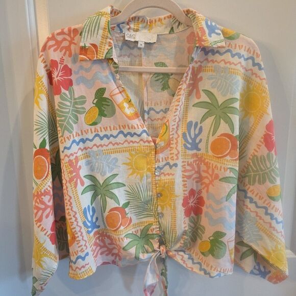 C&C‎ CALIFORNIA Summer Tropical Linen Blend Dolman Sleeve Boxy Crop Top Size Med - Picture 1 of 5